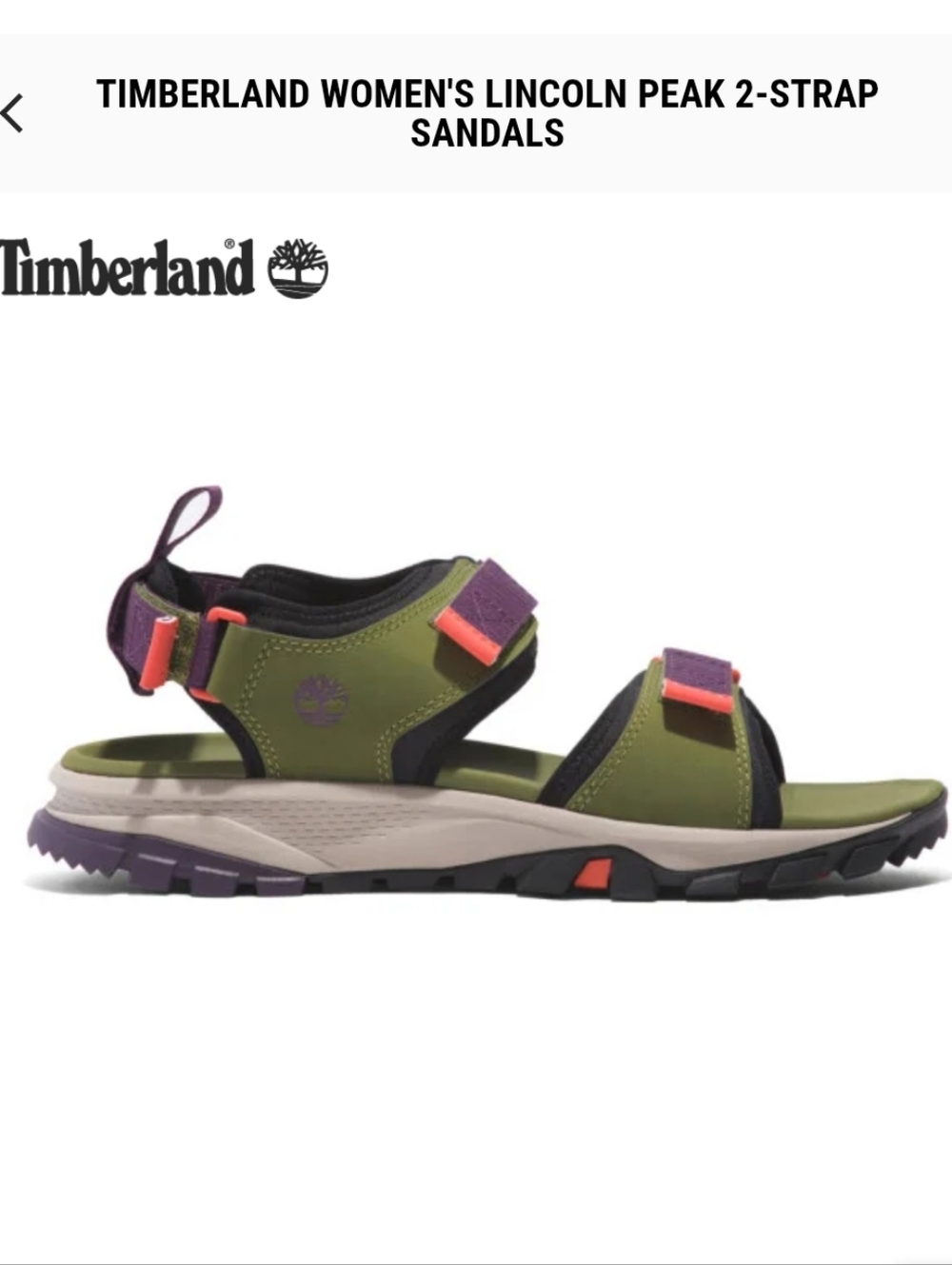 Timberland Lincoln Peak 2-Strap Velcro Sandal, Green/Black/Purple No Box